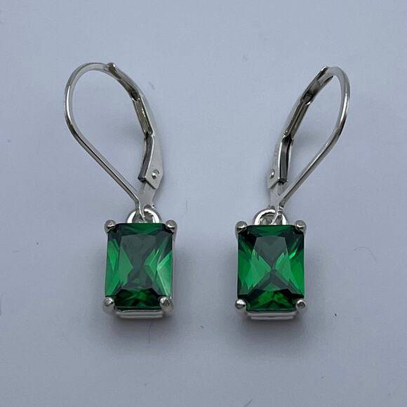 Beautiful 3ctw Emerald Cut Emerald Earrings in Sterling Silver May Birthstone - Picture 4 of 4